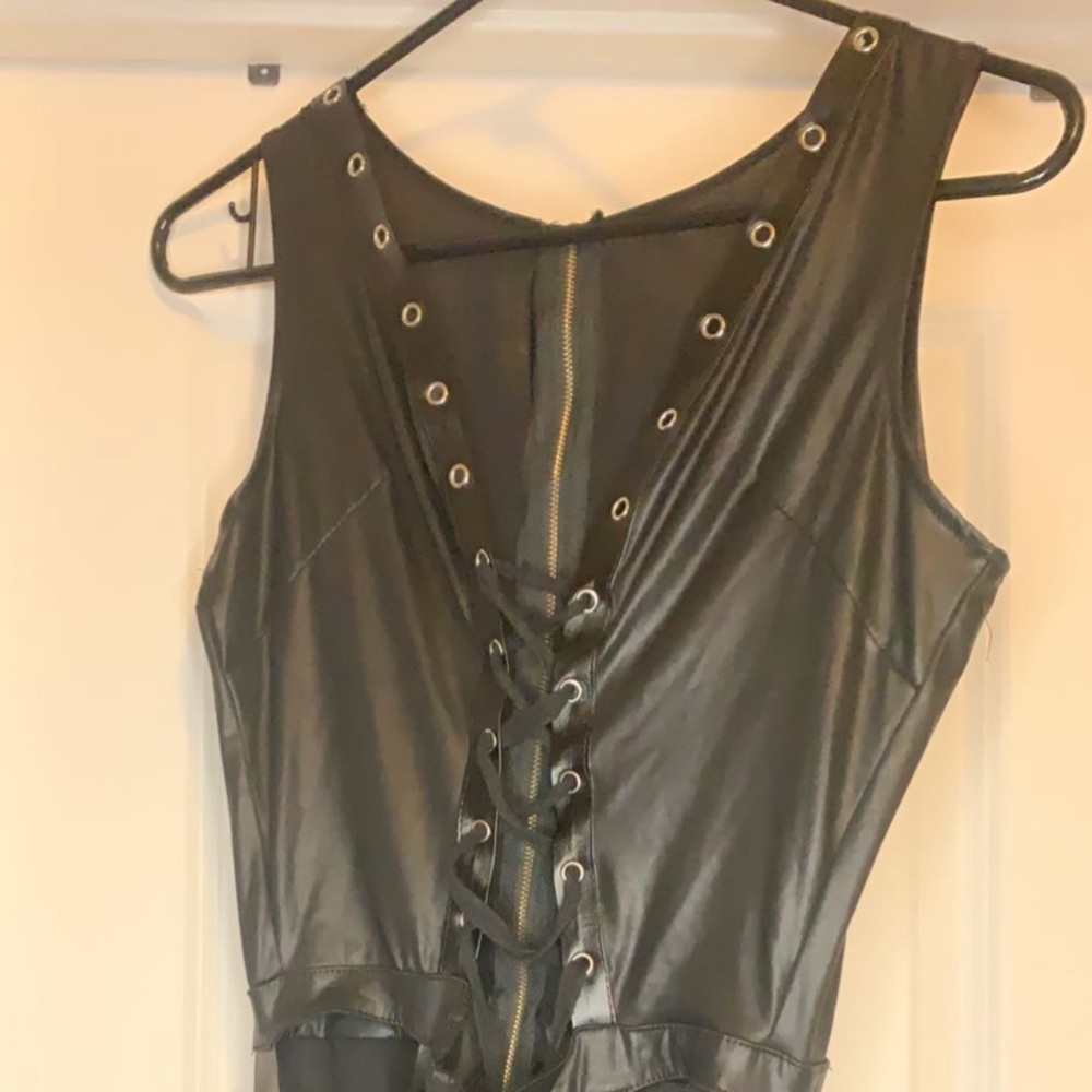 Sexy black leather lace up one piece